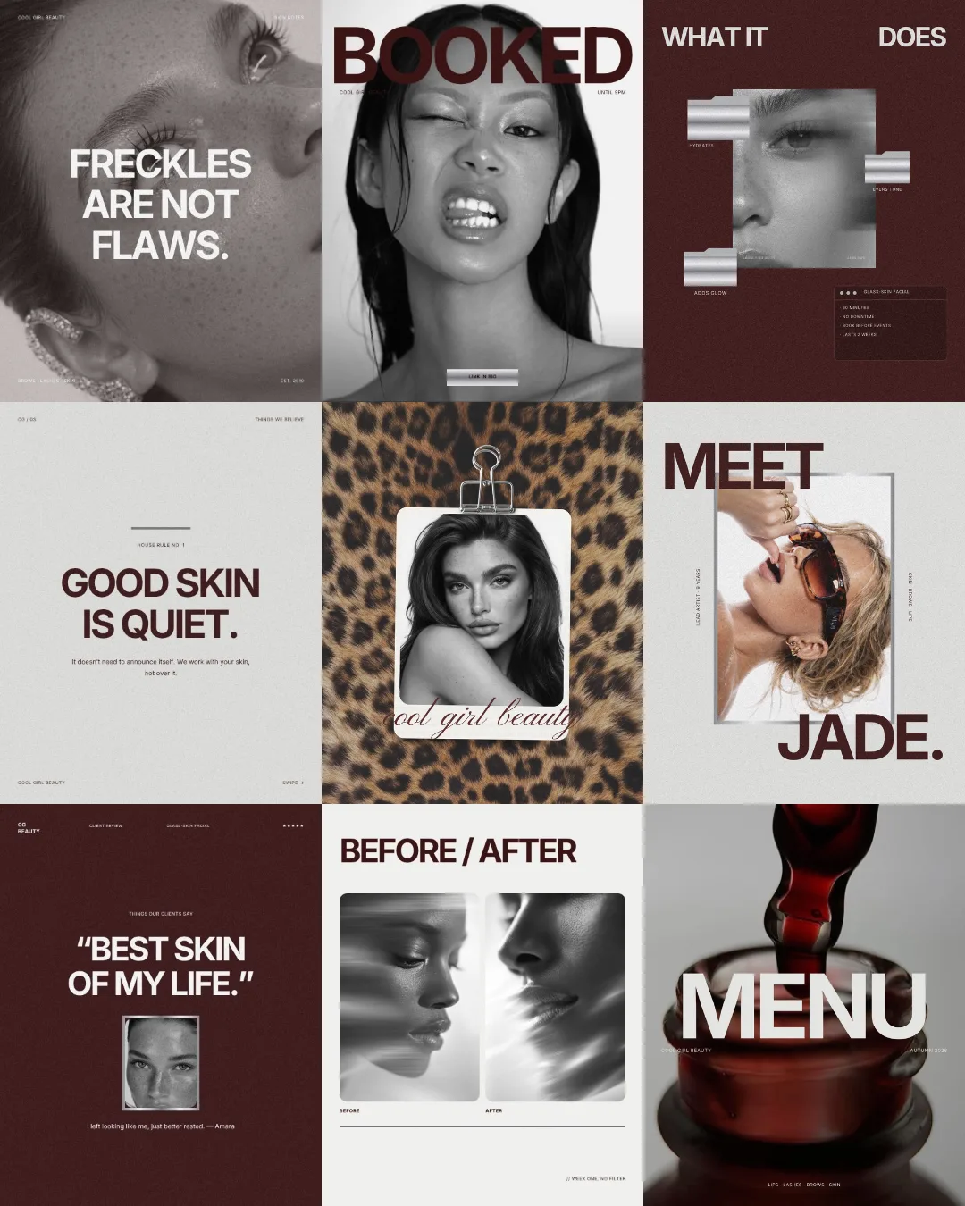 Cool Girl Beauty templates: bold burgundy and black-and-white beauty posts
