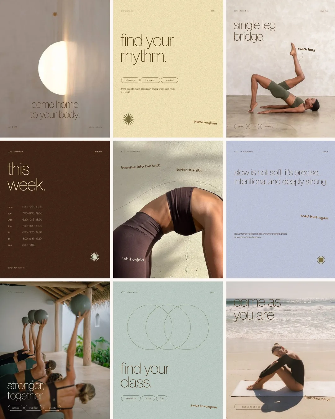 Earthy Pilates Studio templates: calm, earthy pilates posts